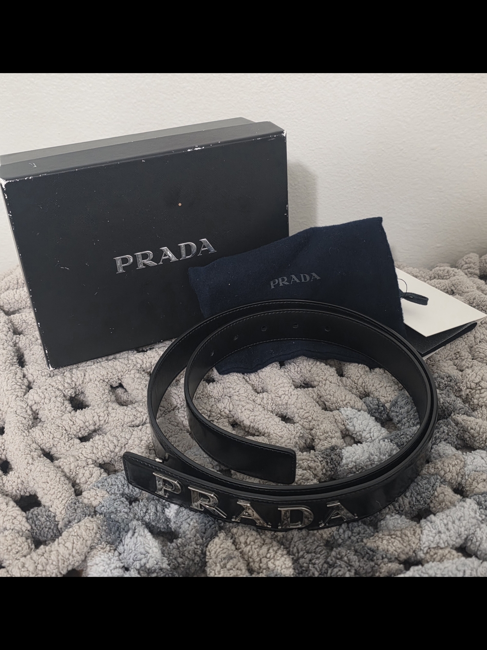 Prada Black Logo Embossed Leather Belt with Silver Hardware